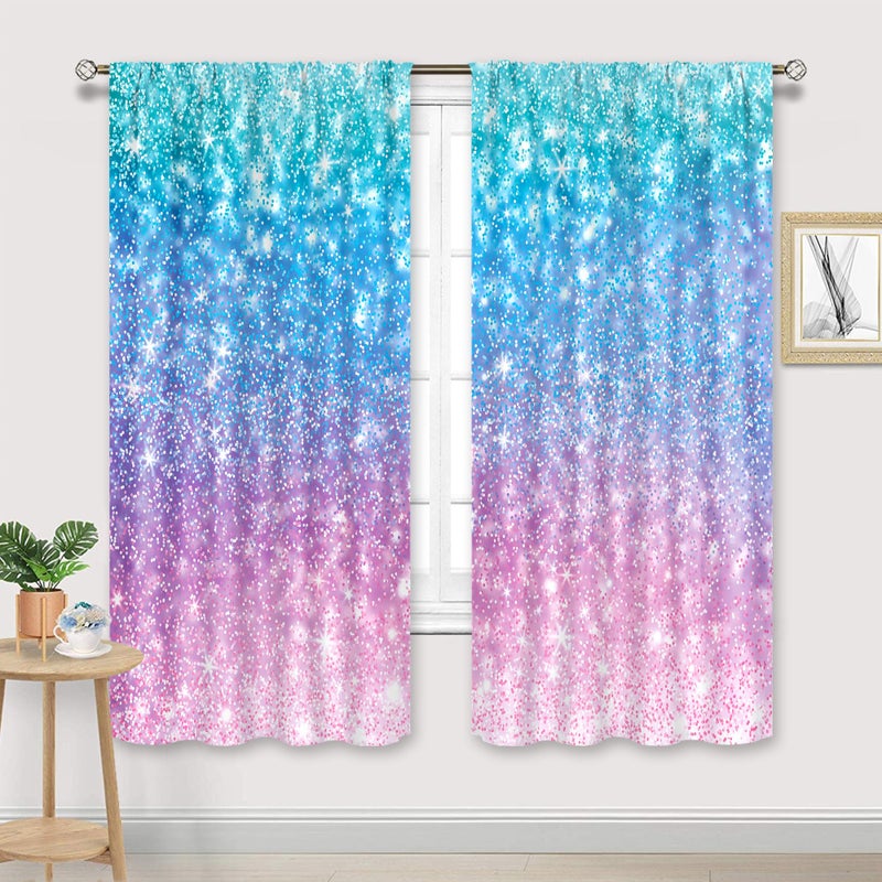 Cinbloo Girly Blue Purple Teal Curtains 42W x 63L Inch Rod Pocket Not Glitter Colorful Pink Spot Girls Bedroom Decor Ombre Turquoise Dots Mermaid Princess Living Room Window Drapes Fabric 2 Panel - Image 2
